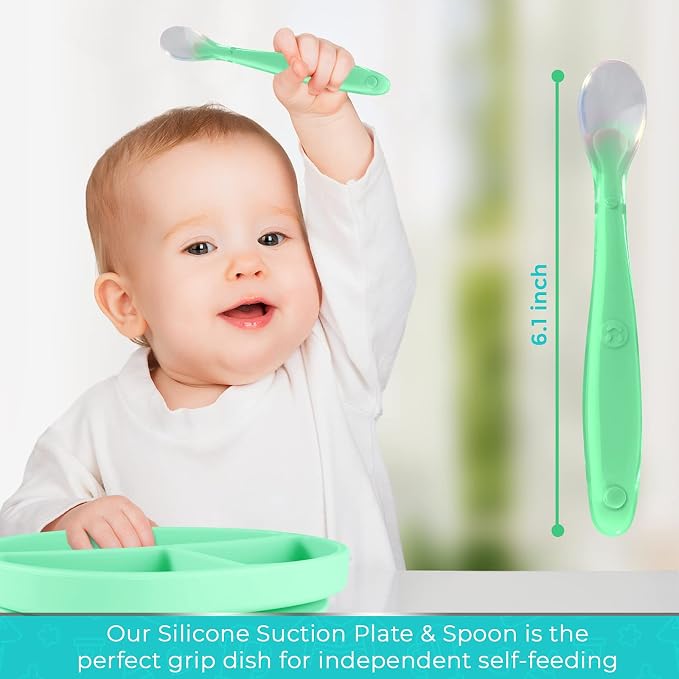 Silicone Suction Plate for Baby - 100% Food Grade Silicone Divided Plate | Toddler Self Feeding Training Suction Plate Set | BPA-Free, Microwave & Dishwasher Safe Stay Put Plates (Blue & Light Green)