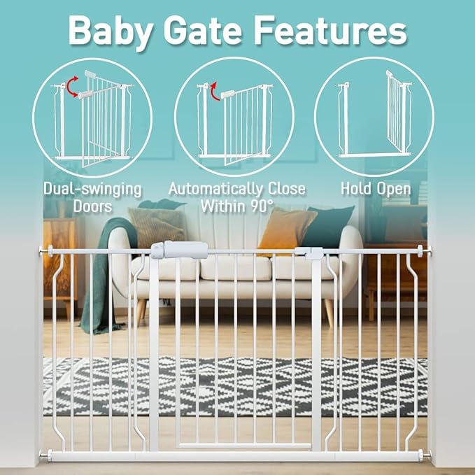 WAOWAO Baby Gate 71.65-76.35" Extra Wide Pressure Mounted Walk Through Swing Auto Close Safety White Metal Toddler Kids Child Dog Pet Puppy for Stairs,Doorways,Kitchen
