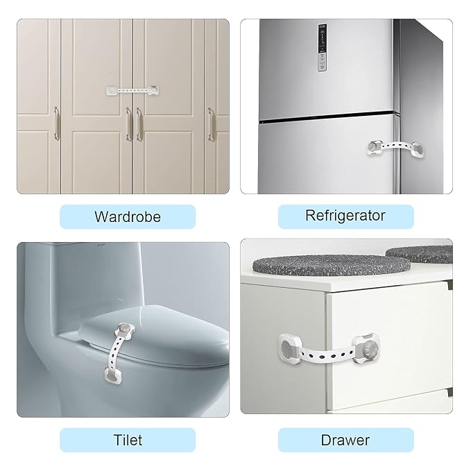 SPY KIDS Child Safety Locks Latches for Drawers Cupboard Cabinet Fridge Door Toilet Seat and Dustbin |Strong Adhesive 3M Tape |White Color |8.6 Inches (Pack of 6Pcs, Grey)