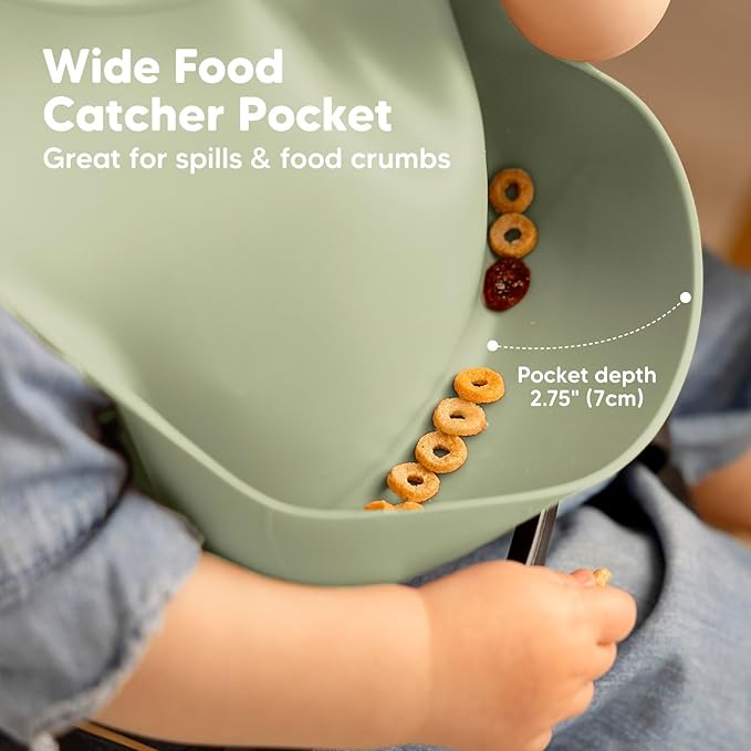 KeaBabies 2-Pack Silicone Bibs for Babies, Toddlers Girl, Boy ??Sturdy Food-Grade Baby Bibs for Eating, Large Food Catcher, Clean & Put On Easily, Waterproof Toddler Feeding Essentials (Sage)