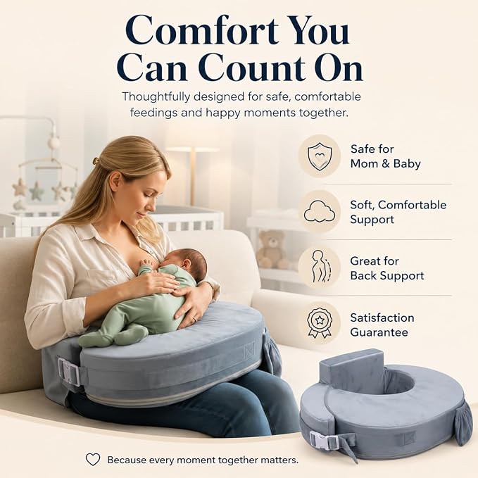 Deluxe Nursing Pillow with 2 Velvet Covers – Breastfeeding Pillow with Back Support, Adjustable Waist Strap, Storage Pocket & Travel Bag (Teal/Grey)