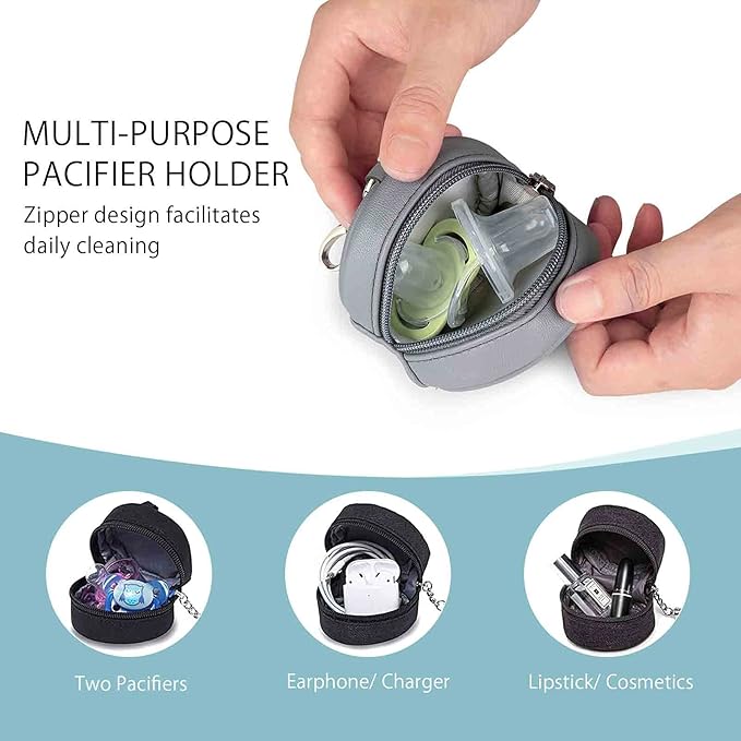 SONARIN Leather Dummy Case with Clasp,Portable Soother Pod Pacifier Case Pacifier Holder Soother Storage Box for Holding 2 Pacifiers or Nipple Shields,Attach to Diaper Bags(Grey)