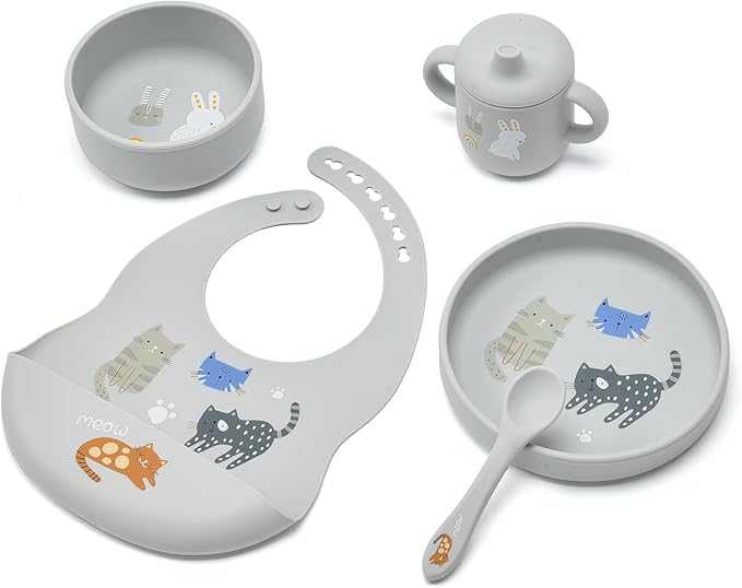 silicone baby feeding set, Baby Led Weaning Supplies，Cutlery Feeding Supplies, Baby Utensils Feeding Essentials for Starting Solidsï¼? Piece Set (Gray)