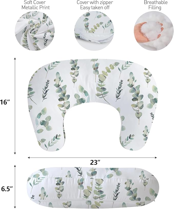 Little Grape Land Nursing Pillow,Upgraded Breast Feeding Pillow for Mom,Breastfeeding & Bottle Feeding for 0??7 Months, Soft Machine Washable Cover with firm breathable filling,Tummy Time,Green Leaves