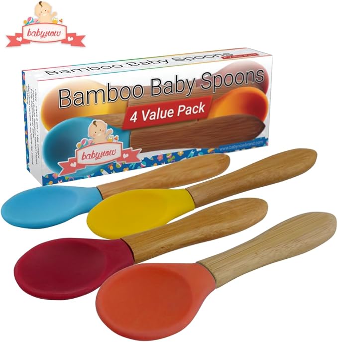 Bamboo Baby Spoons 4 PACK - Toddler Weaning Spoon - Bamboo Handle Silicone Soft Tip Spoon 5.5??Toddlers Weaning Baby Food Utensil - Mom Baby Travel Spoonset