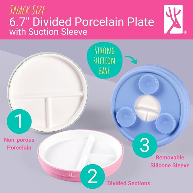 Elk and Friends Kids 6.7??Porcelain Divided Plates with Silicone Suction Sleeves | Suitable for Babies/Kids/Toddlers | Microwave & Dishwasher Safe | Non Slip | Snack Dishes | 4 Pack