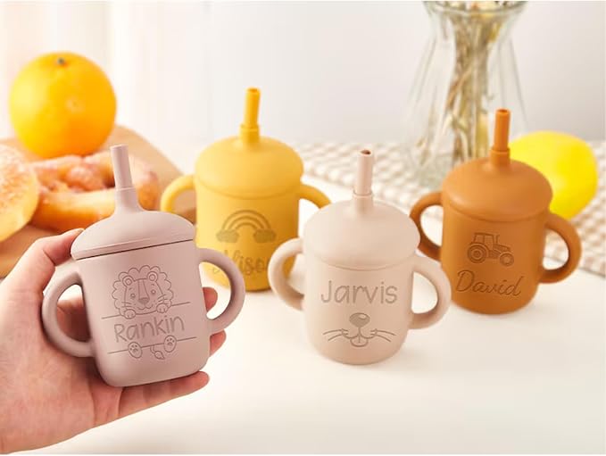 Personalized Silicone Baby Sippy Cup with Straw, Custom Engraved Name Leak-Proof 5oz Toddler Training Cup with Handle & Lid for 6+ Months