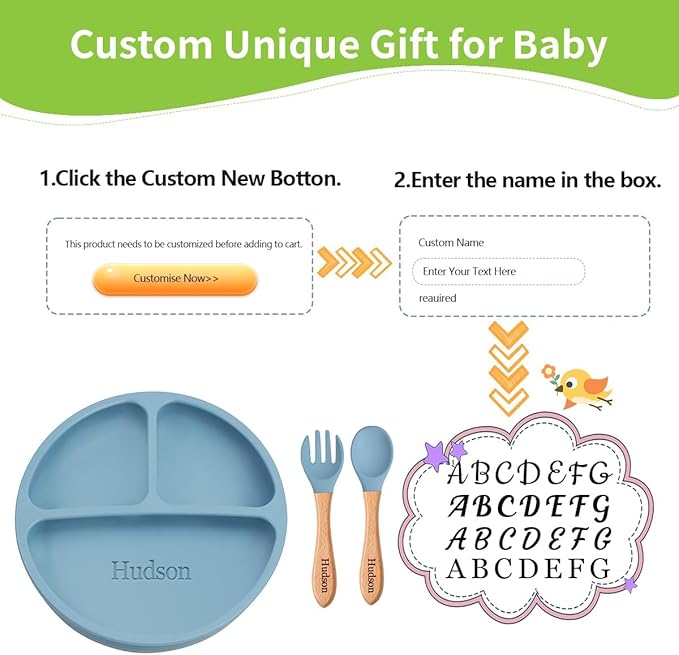 Personalized Silicone Suction Plates for Baby，Custom Toddlers Spoon and Fork, Baby Feeding Set with Name,Baby Birthday Gift for Boy & Girl (grey)