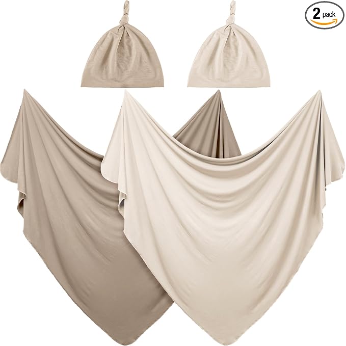 JaGely 2 Pcs Stretchy Baby Swaddle Blankets Set with Hats Extra Soft 47" x 47" Newborn Nursery Swaddle Wrap for Baby Girls and Boys(Apricot, Khaki)
