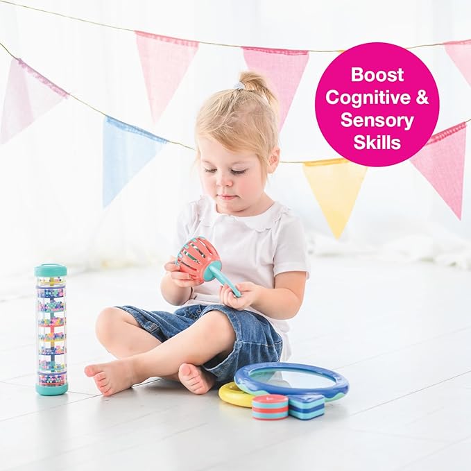 Edushape First Birthday Gift Set - Baby Musical Instruments & Toddler Music Set - Music Toys Baby Gift ??Includes Hand Drum, Rain Stick, Shakers, Bell - Interactive Toddler Music Toys for Toddlers 1-3
