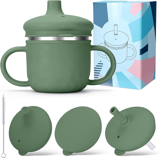 BUSOHA Stainless Steel Toddler Sippy Cup ??8oz Spill-Proof Straw Cup for 6+ Month Babies & Toddlers, 3-in-1 Reusable Travel Cup with Brush ??Dishwasher Safe, Kids Drinking Cup,Dark Green