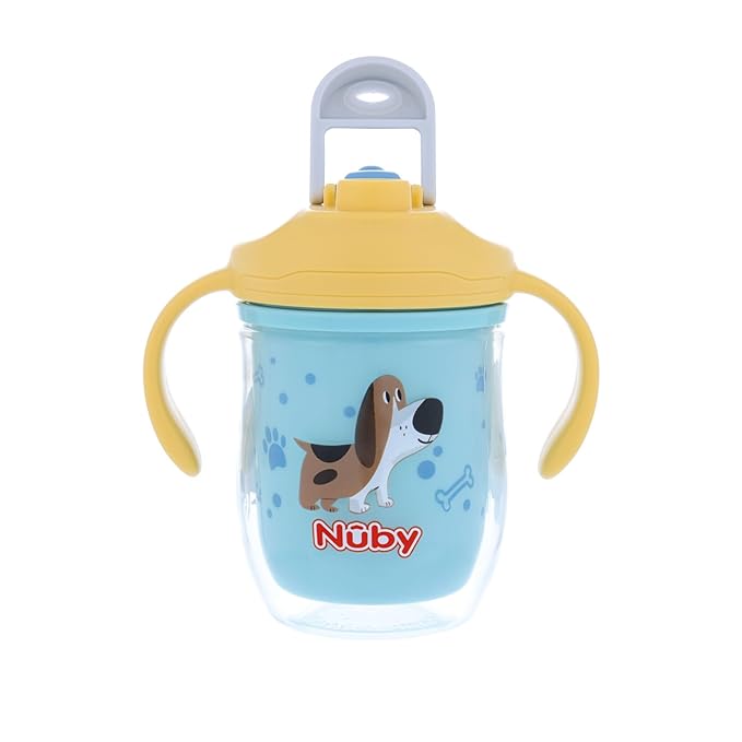 Nuby 2-in-1 Insulated Toddler Cup with 360° Weighted Straw & Hard Spout - 7 oz - Leak-Resistant with Easy Grip Handles - 4+ Months - Dogs