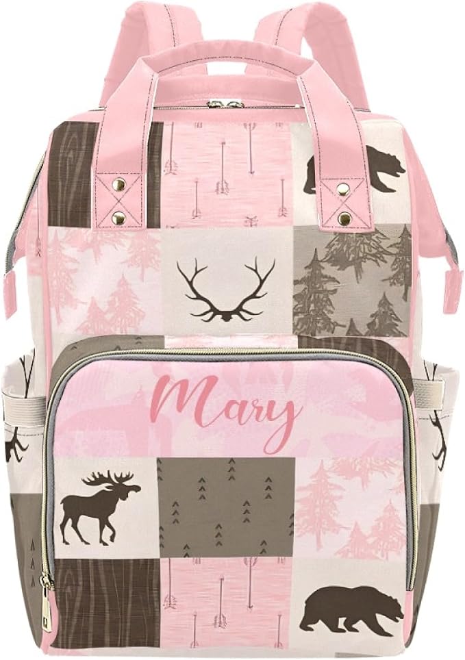 Personalized Woodland Deer Bear Diaper Bag with Name – Custom Baby Bag, Nursing Tote Backpack for Mom, Custom Name Mommy Daypack, Shower Gift for Baby