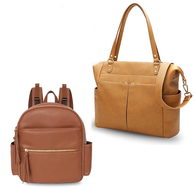 MOMINSIDE Diaper Bag Tote, Small Diaper Bag Backpack Leather Baby Bag Backpack with Changing Pad