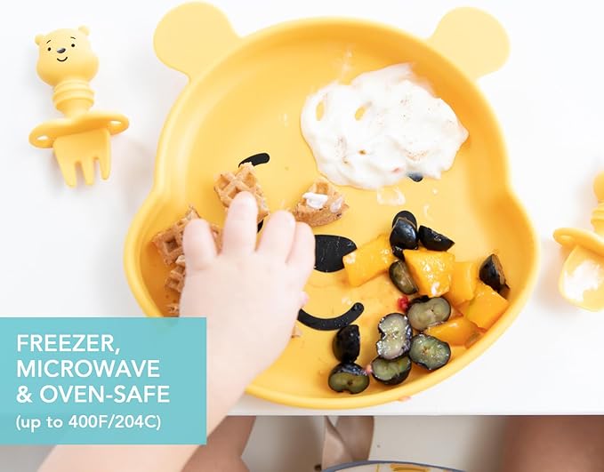 Bumkins Disney Winnie the Pooh - Silicone Grip Dish, Training Chewtensils - For Ages 6 Months+ - Suction Base - 100% Food-Safe Silicone - Oven, Microwave, Freezer, & Dishwasher Safe