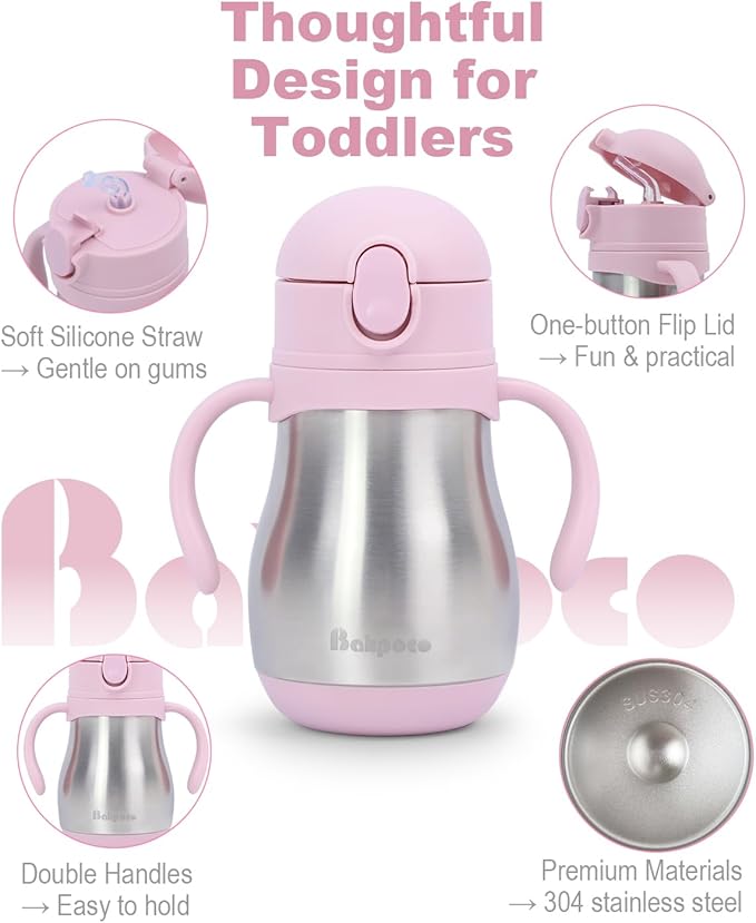 Bakpoco Stainless Steel Sippy Straw Cup for Toddlers 1-3 Years Old, Insulated Toddler Water Bottle Baby Training Tumbler with Handles, 8oz Kids Straw Cups for Travel, Daycare & At Home, Pink