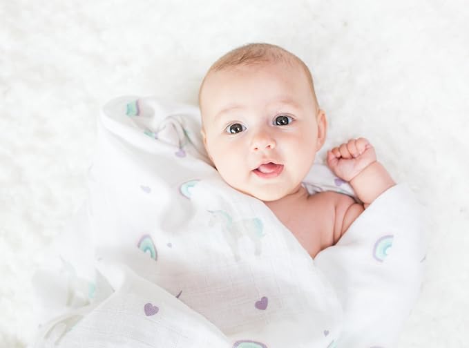 Lulujo Baby 100% Cotton Muslin Swaddle Blanket, 47 x 47-Inches, Rainbows and Unicorns