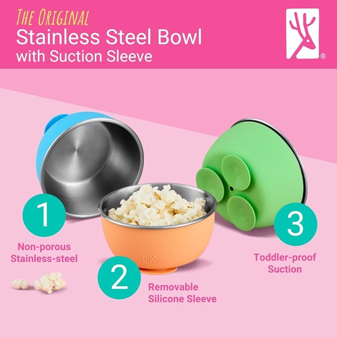 Elk and Friends Stainless Steel Bowls with Silicone Sleeve for Babies & Toddlers | Lids Included | Stay Put Suction | Cereal & Snack Bowls | 4 Pack