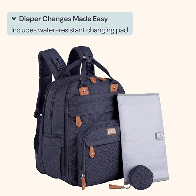 BabbleRoo Extra Large Diaper Bag Backpack, Expandable Baby Bag with Up to 50% More Capacity - Travel Essentials Baby Bag Tote with Changing Pad, Stroller Straps & Pacifier Case - Unisex, Denim Blue