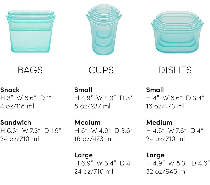 Zip Top Reusable Food Storage Containers Full Set of 8 Teal – Platinum Silicone Cups, Dishes & Bags – Microwave, Dishwasher & Freezer Safe – Made in USA, BPA-Free