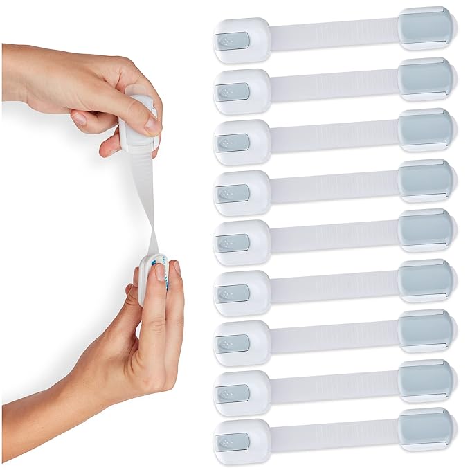 Child Safety Strap Locks (4-Pack) Baby Locks for Cabinets and Drawers, Toilet, Fridge & More. 3M Adhesive Pads. Easy Installation. (White/Gray)