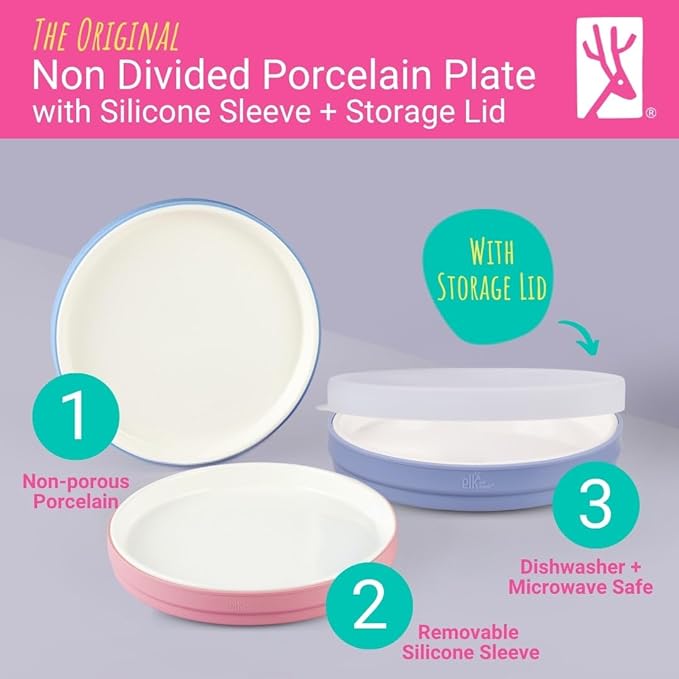 Elk and Friends Kids 7.8” Porcelain White Plates with Silicone Sleeves + Lids | Suitable for Babies/Toddlers | Microwave & Dishwasher Safe | Non Slip Dinnerware | Snack Dishes | 4 Pack