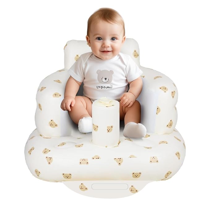 AirSwim Inflatable Baby Seat, Inflatable Baby Chair for Babies 3 Months and Up, Summer Blow Up Chair with Built in Air Pump, Infant Floor Seats for Learning to Sit, Palying, Camping, Bear Head