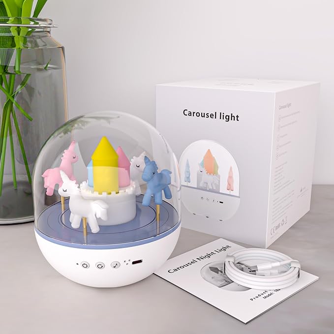 Colorful Life Carousel Night Light, White/Warm/Ice Blue Light, Gift for Girls Boys Bedroom Decor (Carousel Night Light, USB Powered) (No Battery, No Remote Control)