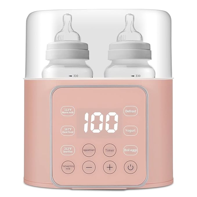 Baby Bottle Warmer 9-in-1 Multifuntion Breast Milk Warmer, Fast Baby Food Heater & Defrost Warmer with Timer for Twins, LCD Display Accurate Temperature Adjustment, 24H Constant Mode (Rose)