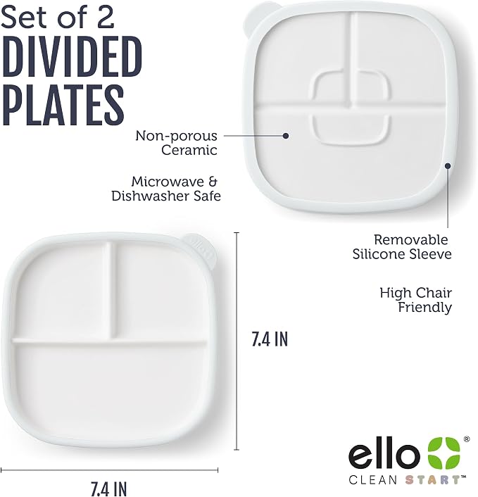 Ello Clean Start Toddler Breakfast Plate 2 Pack | BPA-Free Ceramic Plates with Divider & Silicone Sleeve for Babies/Toddlers| Microwave & Dishwasher Safe | High Chair Friendly | Quiet Tide/Tech Blue