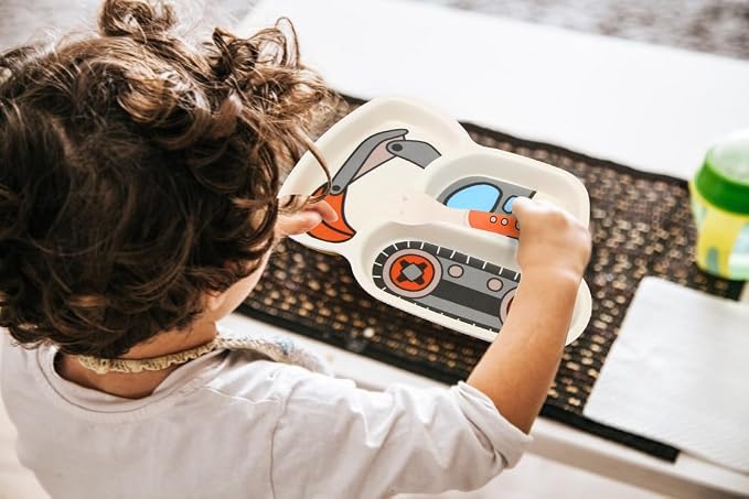 Kids Plate Set, Included Plate Fork and Spoon 3-Piece Set - Toddler Plates Dinnerware Dinner Dish Set Baby Feeding Divided Plate - Child Portion Control Dish Tray (Excavator Grey)