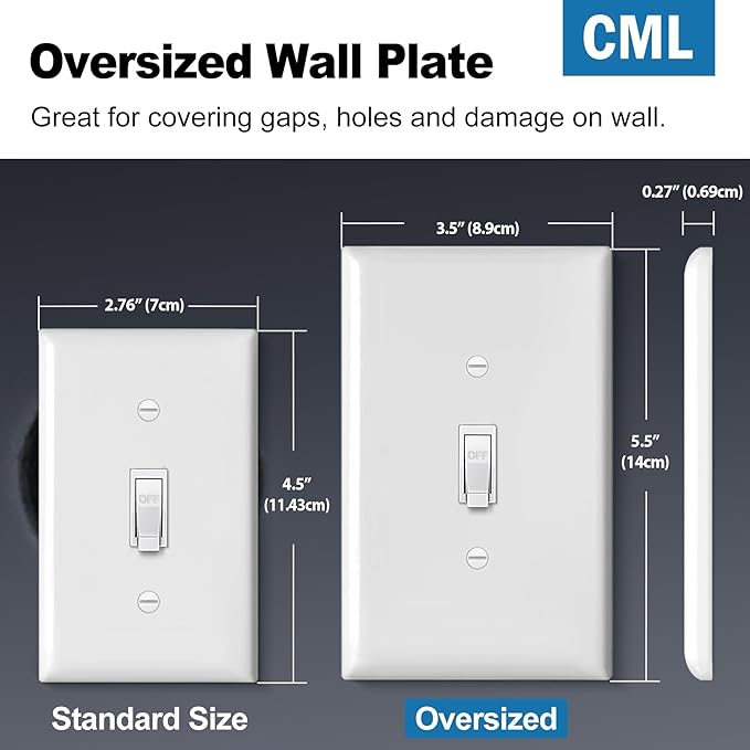 CML Jumbo Toggle Light Switch Plate Covers, 6 Pack Oversized Electrical Wall Plates, 1-Gang White Switch Plates, Over-Size 3.5??x 5.5?? Impact Resistant, ETL Listed