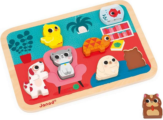 Janod - Pets Chunky Puzzle 7 Pieces - Toddler Playtime - Enhances Motor Skills - Safe Quality Materials - Encourages Imagination - Educational Animal Recognition