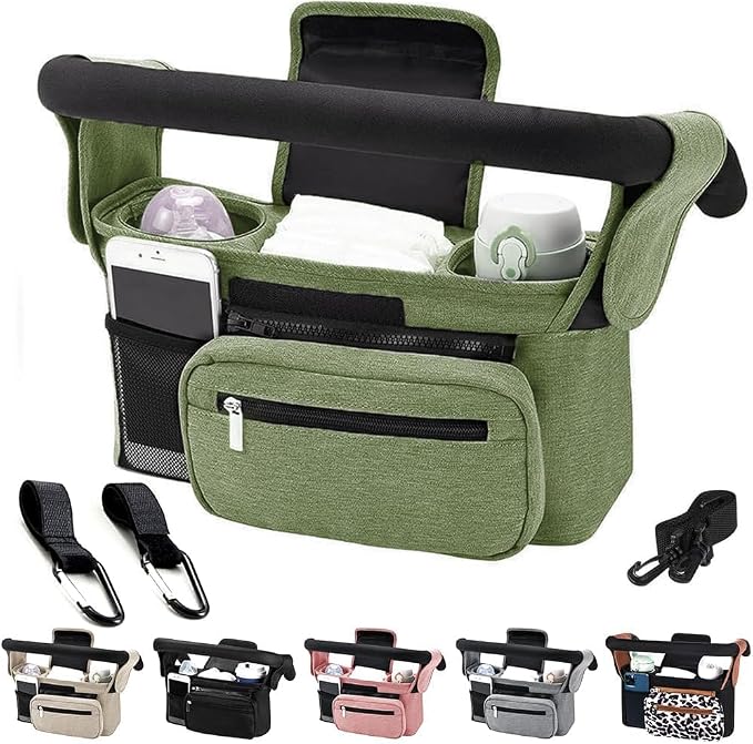 Baby Stroller Organizer, Universal Stroller Organizer with Detachable Phone Bag, Stroller Caddy with 2 Insulated Cup Holders, Buggy Organizer Bag with 2 Hooks Fits Most Strollers (Green)