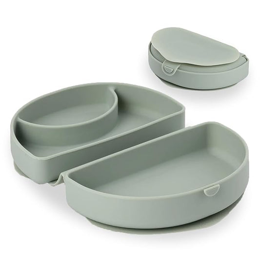 Miniware Baby Travel Plate with Suction - Foldable Silicone Baby Travel Essential to Promote Self-Feeding - Dishwasher Safe, BPA Free, Food Grade Silicone Baby Plate For On The Go - Sage Silifold