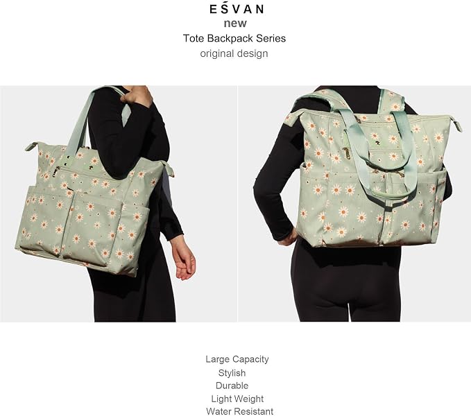 ESVAN Diaper Tote Bag Totepack Backpack 2 in 1 for Women Multifunctional Large Capacity with Insulated Pockets Travel | Multifunctional