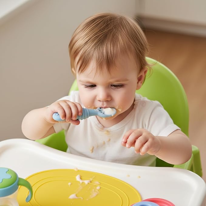 PandaEar 6 Pack Silicone Baby Spoons for Baby Led Weaning, First Stage Baby Toddler Self Feeding Utensils 6+ Months (Blue Green Beige)
