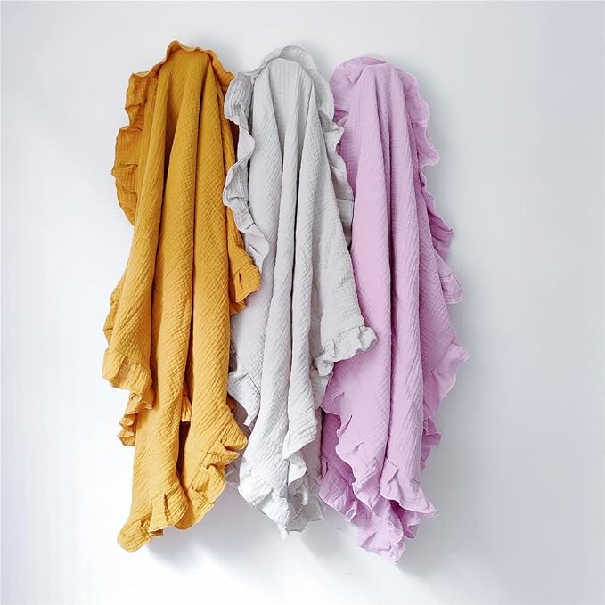 Newborn Baby Blanket, Toddler Blanket, 100% Cotton 4 Layers Soft Swaddling Receiving Blanket with Ruffle, Breathable and Lightweight Blanket, 34 x 26 inch