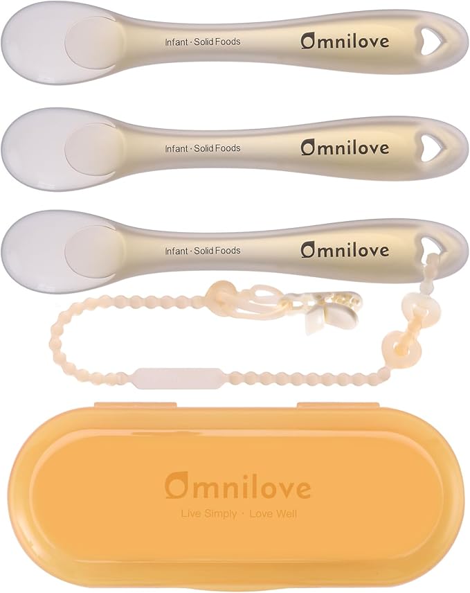 Baby Spoons 3-Pack with Case, Silicone Self Feeding Training Spoons for 6+ Months, BLW Toddler Utensils with Tether, BPA-Free Food Grade Silicone, Dishwasher Safe