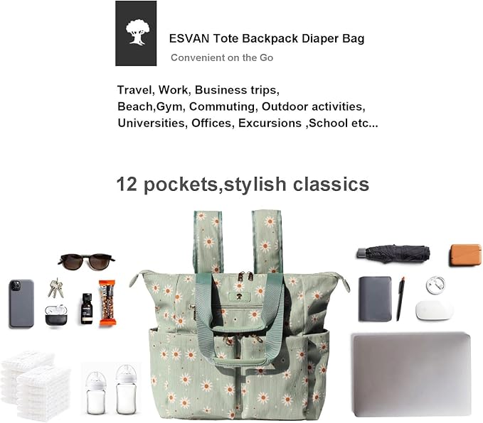 ESVAN Diaper Tote Bag Totepack Backpack 2 in 1 for Women Multifunctional Large Capacity with Insulated Pockets Travel | Multifunctional