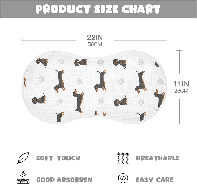 1 Pack Muslin Burp Cloths Dachshund Dogs White Cotton Baby Burp Cloths Ultra Absorbent Burping Cloth Soft Spit Up Rags for Newborn Babies 22x11 Inch
