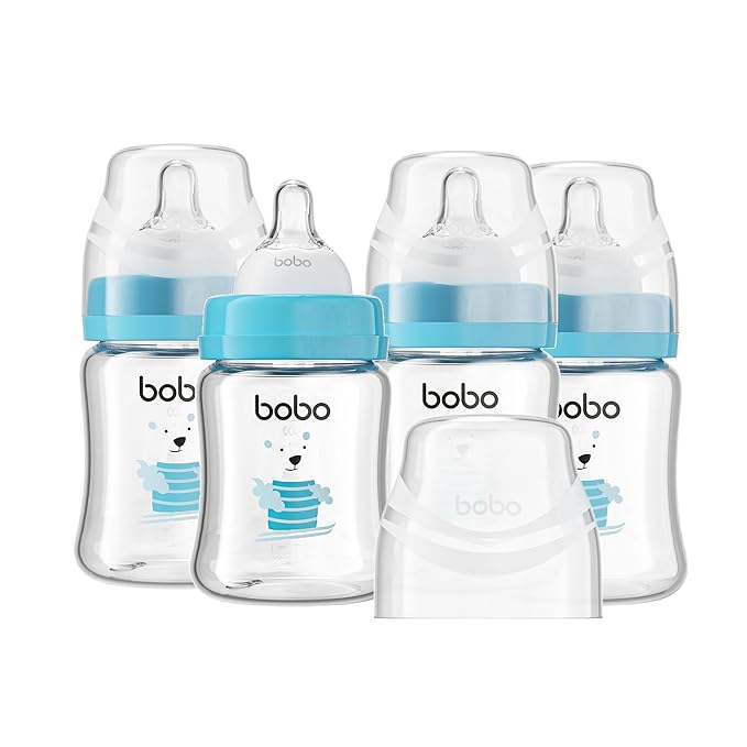 YOHKOH Glass Baby Bottles with Slow Flow Nipple, Newborn Anti-Colic Baby Bottles for 0+ Months, Wide Neck Feeding Bottle, Clear (Blue, 5oz (Pack of 4))