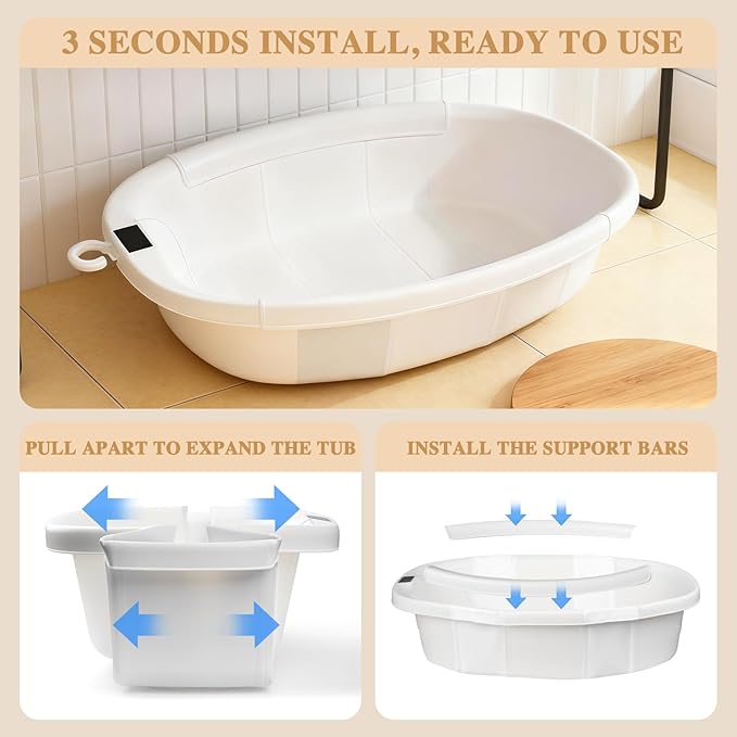 Baby Bathtub, Baby Bath Tub with Thermometer & Soft Cushion, Collapsible Infant Bathtub for Newborn to Toddler 0-36 Months, Quick Use & Portable for Travel(White)