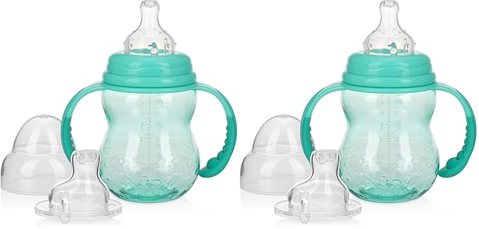 Nuby 3 Stage Tritan Wide Neck Grow with Me No-Spill Bottle to Cup, 8 Oz, Teal (Pack of 2)