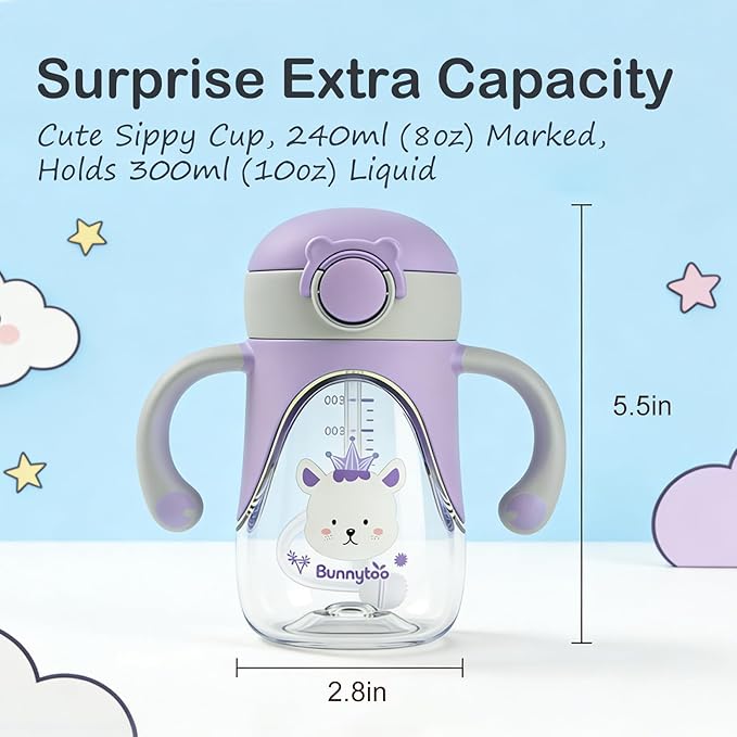 Bunnytoo Baby Sippy Cup with Weighted Straw for Infants 6-12 Months, 8oz Tritan Toddler Drinking Cup with Handles, BPA-Free, Transition Trainer for 1+ Year Old (Blue)