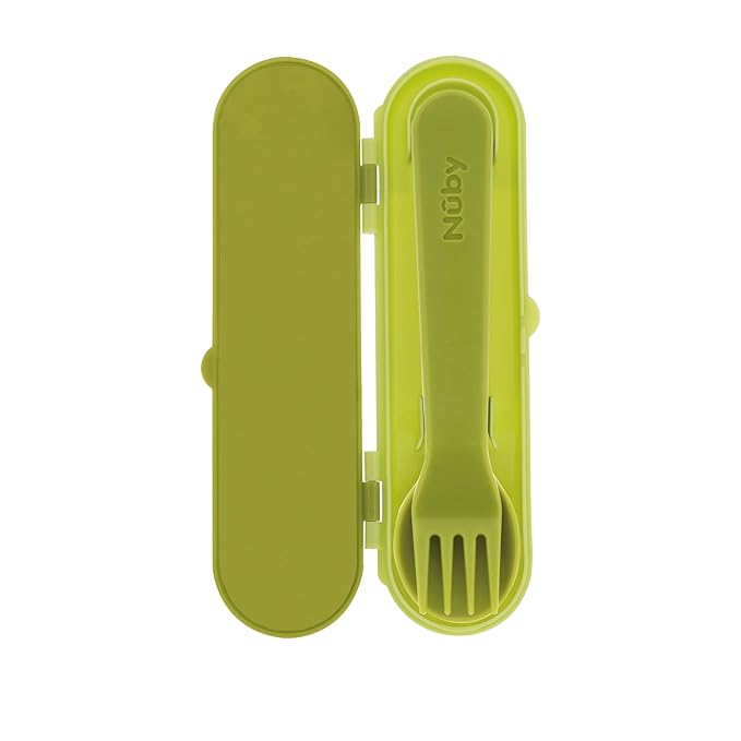 Nuby Toddler Utensils with Travel Case - Self-Feeding Fork & Spoon Set for Kids - Easy-to-Hold Training Utensils with Rounded Safe Edges for Independent Mealtime - Dinosaurs