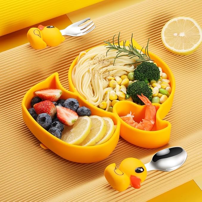 4-Piece Silicone Baby Feeding Set ??Baby Plates with Strong Suction, Toddler Plates Set, Unbreakable Food-Grade Silicone Divided Plate with Spoon, Fork & Straw Brush