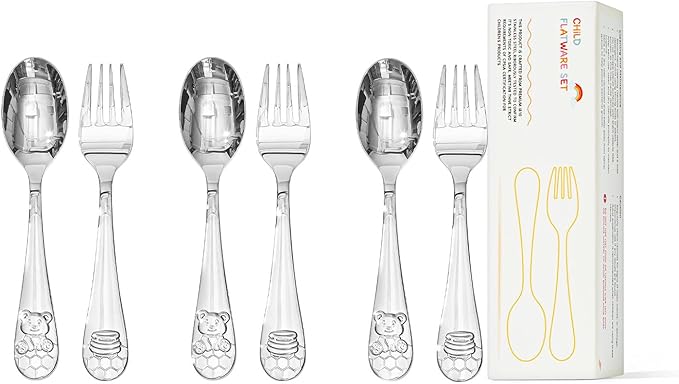 KINGSTONE Toddler Utensils Set, 6-Piece Small Forks & Spoons, 18/10 Stainless Steel, Ergonomic Self-Feeding Children?™s Flatware for Home, Travel & Preschool, Honey Bear Print