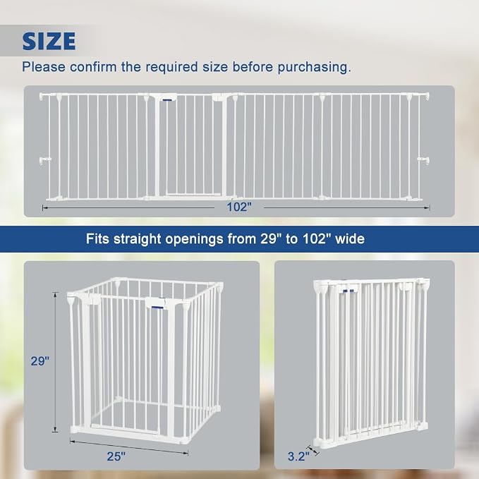 AGESISI Freestanding Dog Gates with Door Walk Through, Extra Wide Doggy Door 100" W x 29" H Pet Gate Safty 4 Panels Dog Fence for Stairs, Doorways, White
