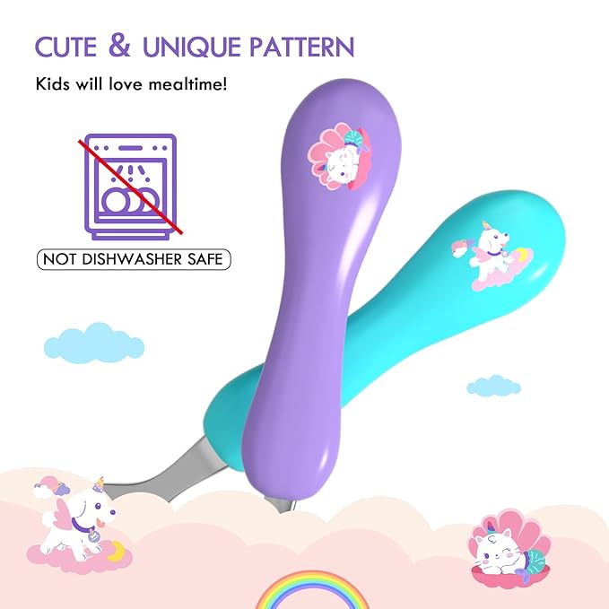 Lehoo Castle 6 Pieces Toddler Utensils, Kids Silverware for 2 3 4 Years Old, Stainless Steel Fork and Spoon Set with Plastic Handle, Safe Toddler Cutlery (Light Purple + Blue)